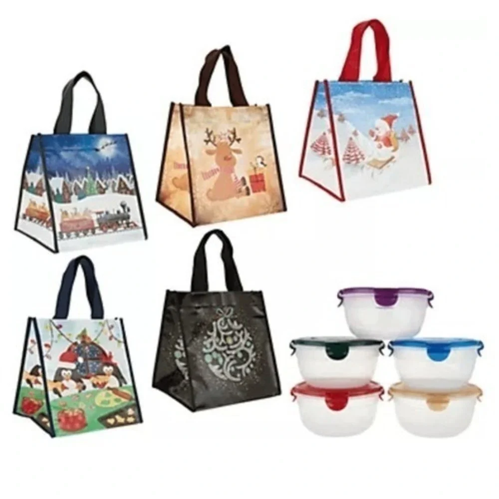 Lock & Lock 10pc Holiday Set 5 Bowls 3.5 Cup with 5 Festive Gift Bags K45728 NEW
